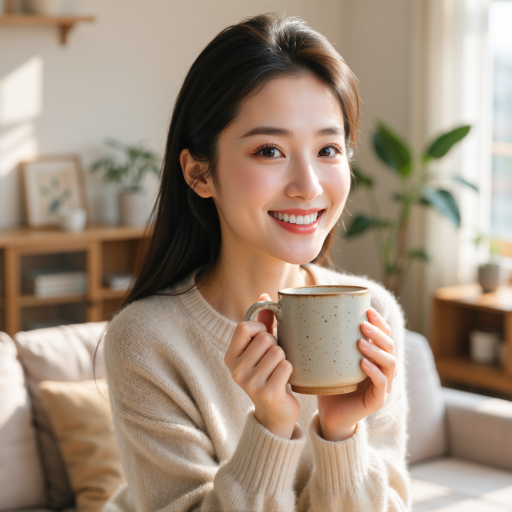 三十岁左右女性头像,穿浅色毛衣,温暖微笑,柔和光线